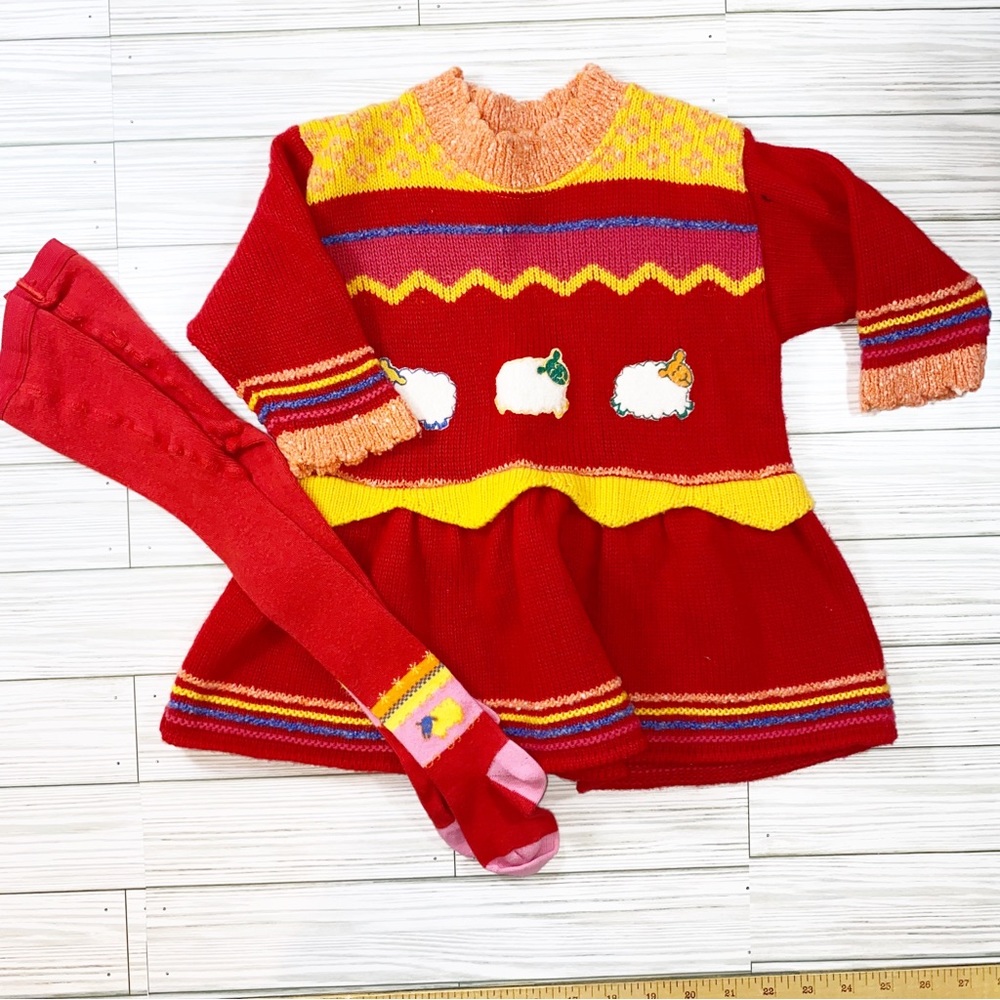Little Girls Vintage Knit Sweater Dress Tights Set Red Yellow Size 2A 2T unique